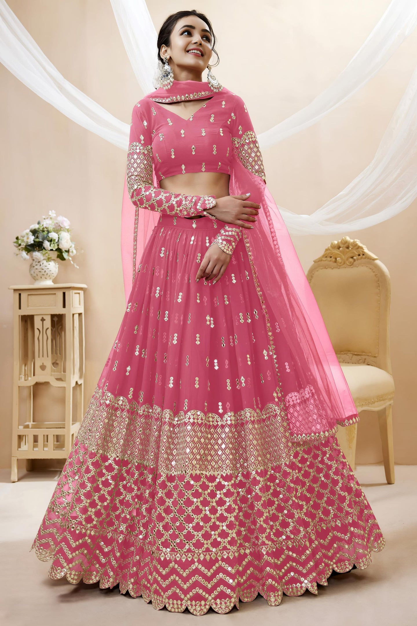 Pink Georgette Lehenga Choli For Indian & Pakistani Wedding Festival - Sequins & Thread Embroidery Work, Zari Work