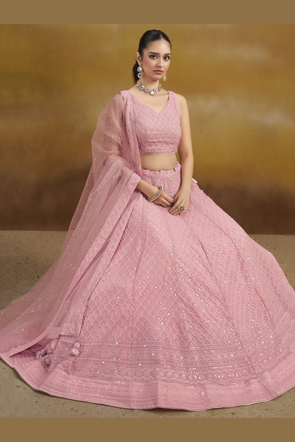 Pink Georgette Lehenga Choli For Indian & Pakistani Wedding Festival - Sequins & Thread Embroidery Work