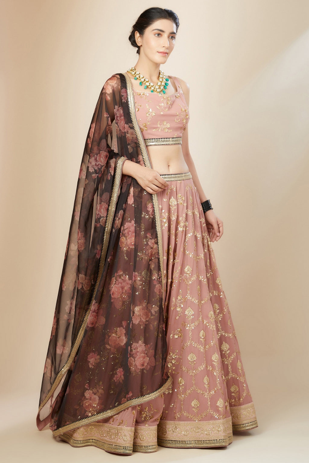 Pink Georgette Lehenga Choli For Indian & Pakistani Wedding Festival - Thread Embroidery Work, Sequence Embroidery Work, Zari Work, Real Mirror Work