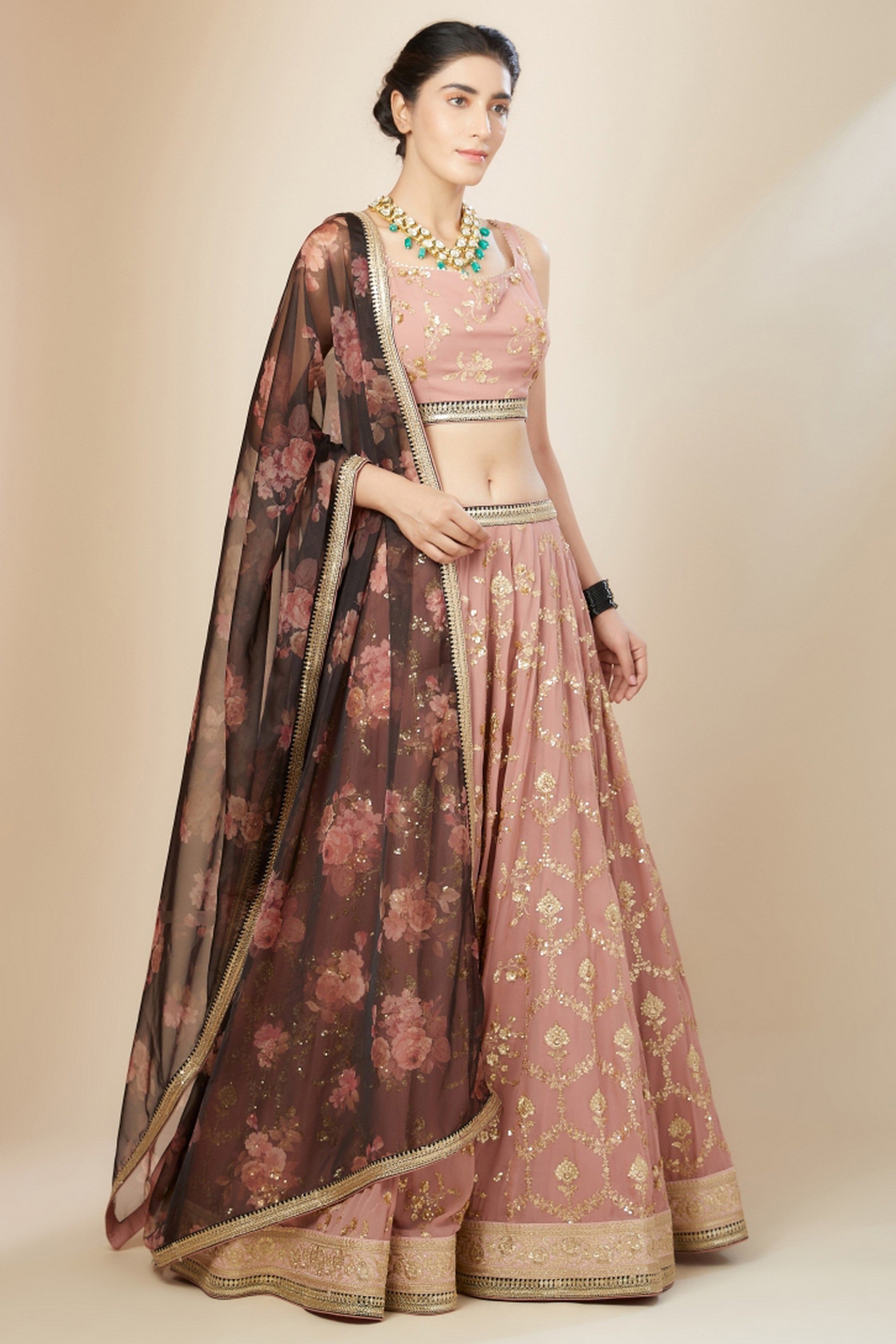 Pink Georgette Lehenga Choli For Indian & Pakistani Wedding Festival - Thread Embroidery Work, Sequence Embroidery Work, Zari Work, Real Mirror Work