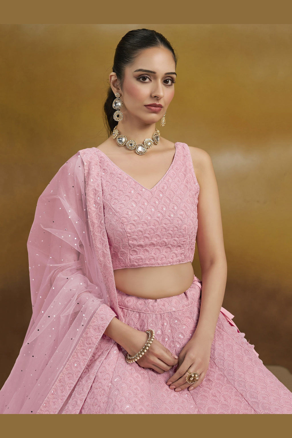 Pink Georgette Lehenga Choli For Indian & Pakistani Wedding Festival - Sequins & Thread Embroidery Work