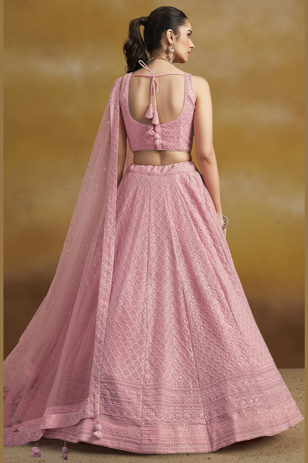 Pink Georgette Lehenga Choli For Indian & Pakistani Wedding Festival - Sequins & Thread Embroidery Work