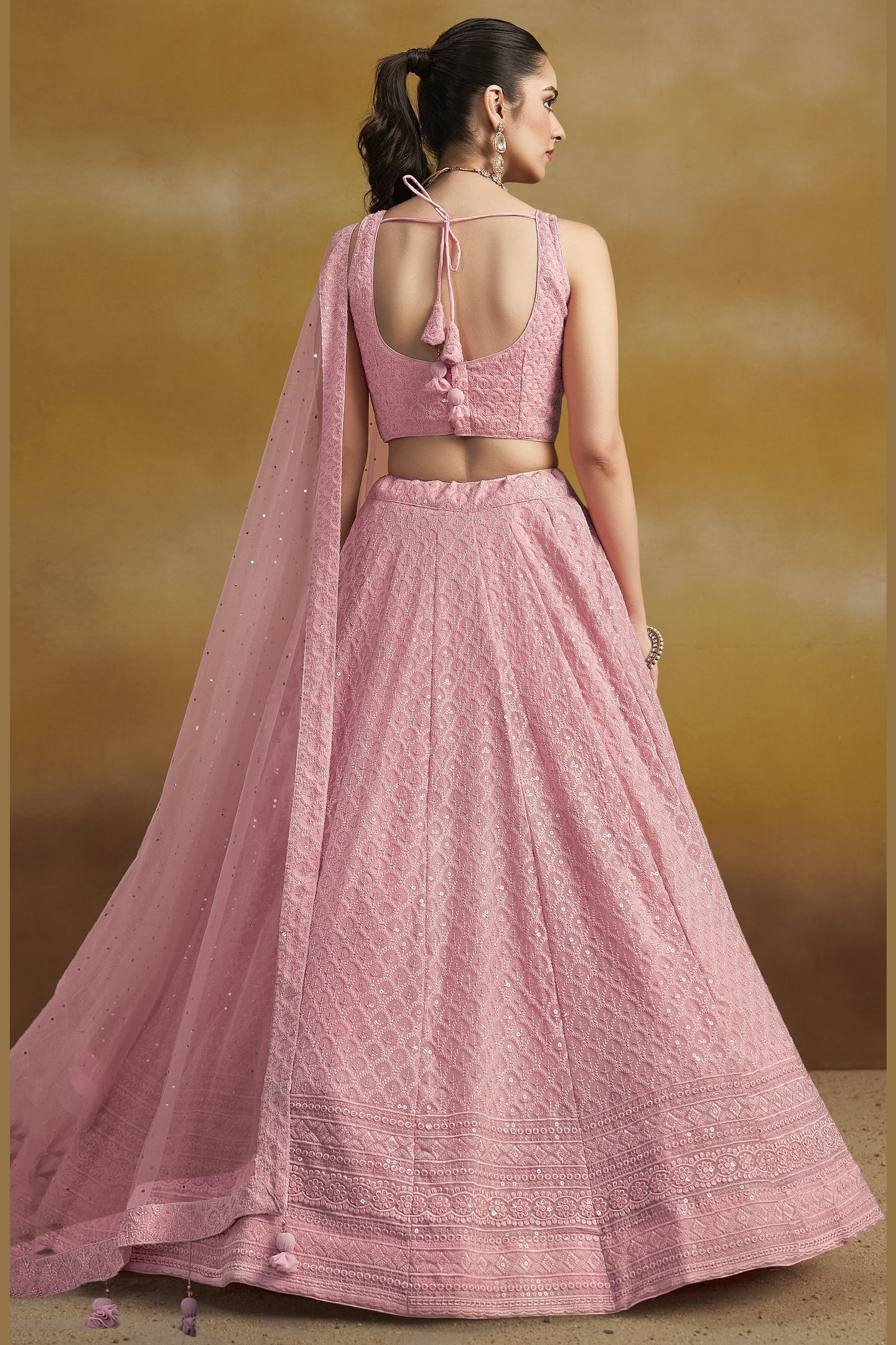 Pink Georgette Lehenga Choli For Indian & Pakistani Wedding Festival - Sequins & Thread Embroidery Work