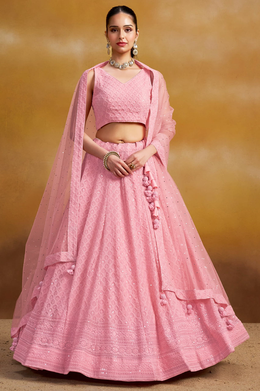 Pink Georgette Lehenga Choli For Indian & Pakistani Wedding Festival - Sequins & Thread Embroidery Work