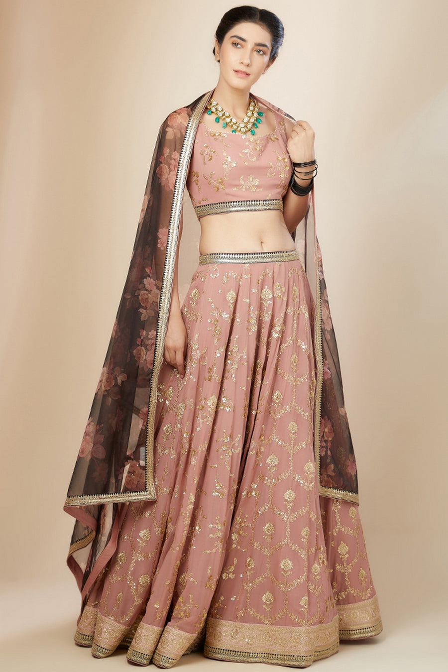 Pink Georgette Lehenga Choli For Indian & Pakistani Wedding Festival - Thread Embroidery Work, Sequence Embroidery Work, Zari Work, Real Mirror Work