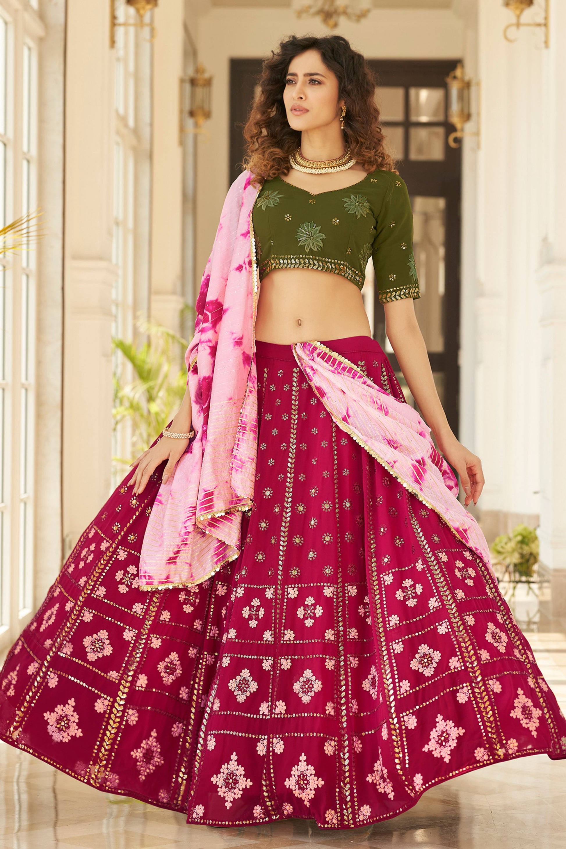 Pink Georgette Lehenga Choli For Indian Weddings & Festivals - Thread Work, Sequence Embroidery Work