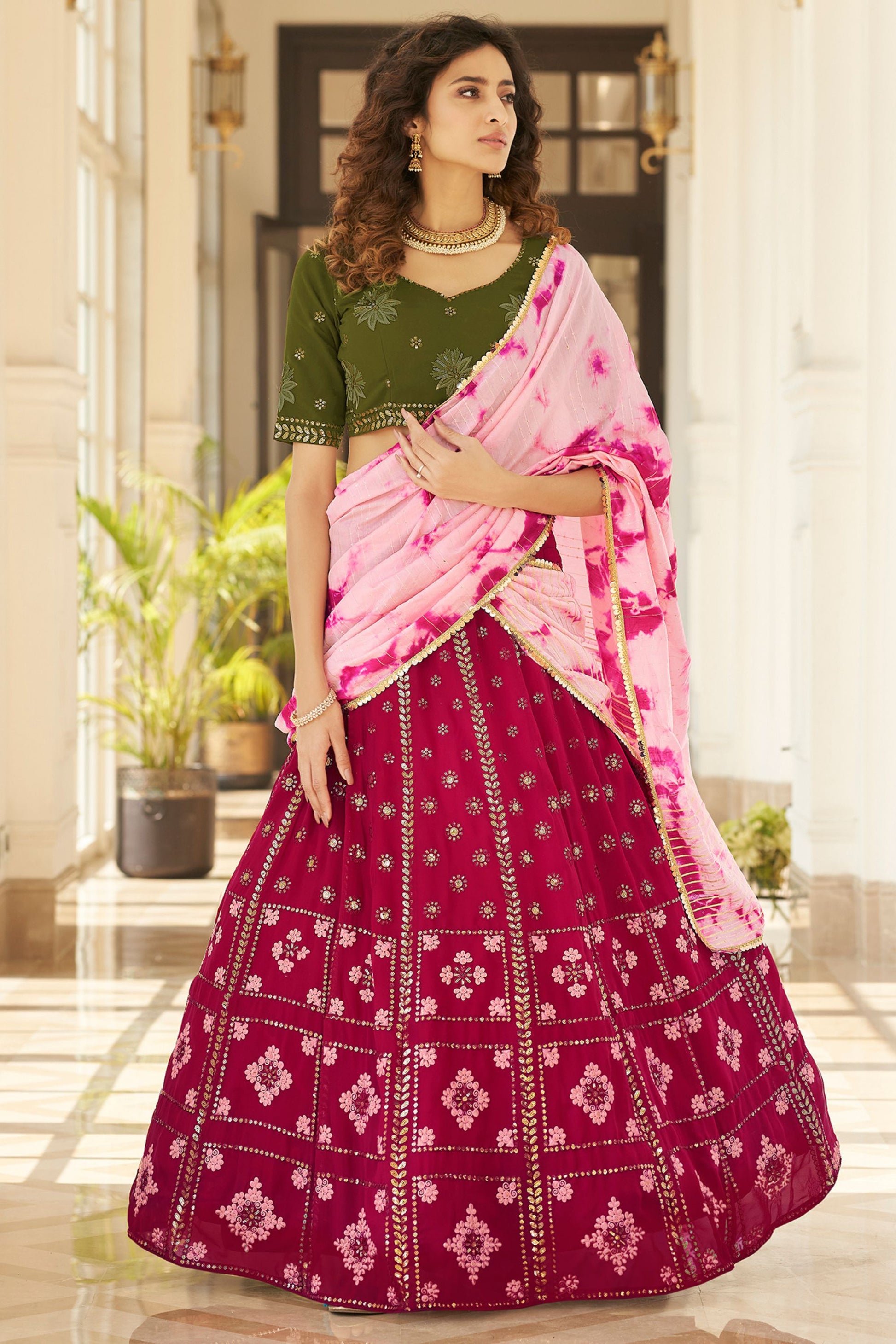 Pink Georgette Lehenga Choli For Indian Weddings & Festivals - Thread Work, Sequence Embroidery Work