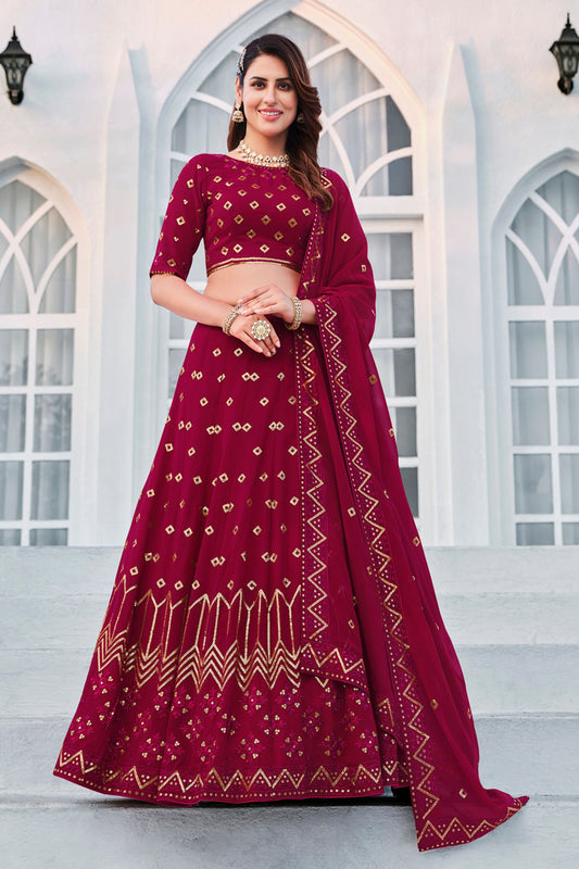 Pink Georgette Lehenga Choli Set For Indian Festivals & Weddings - Sequence Work & Thread Embroidery Work