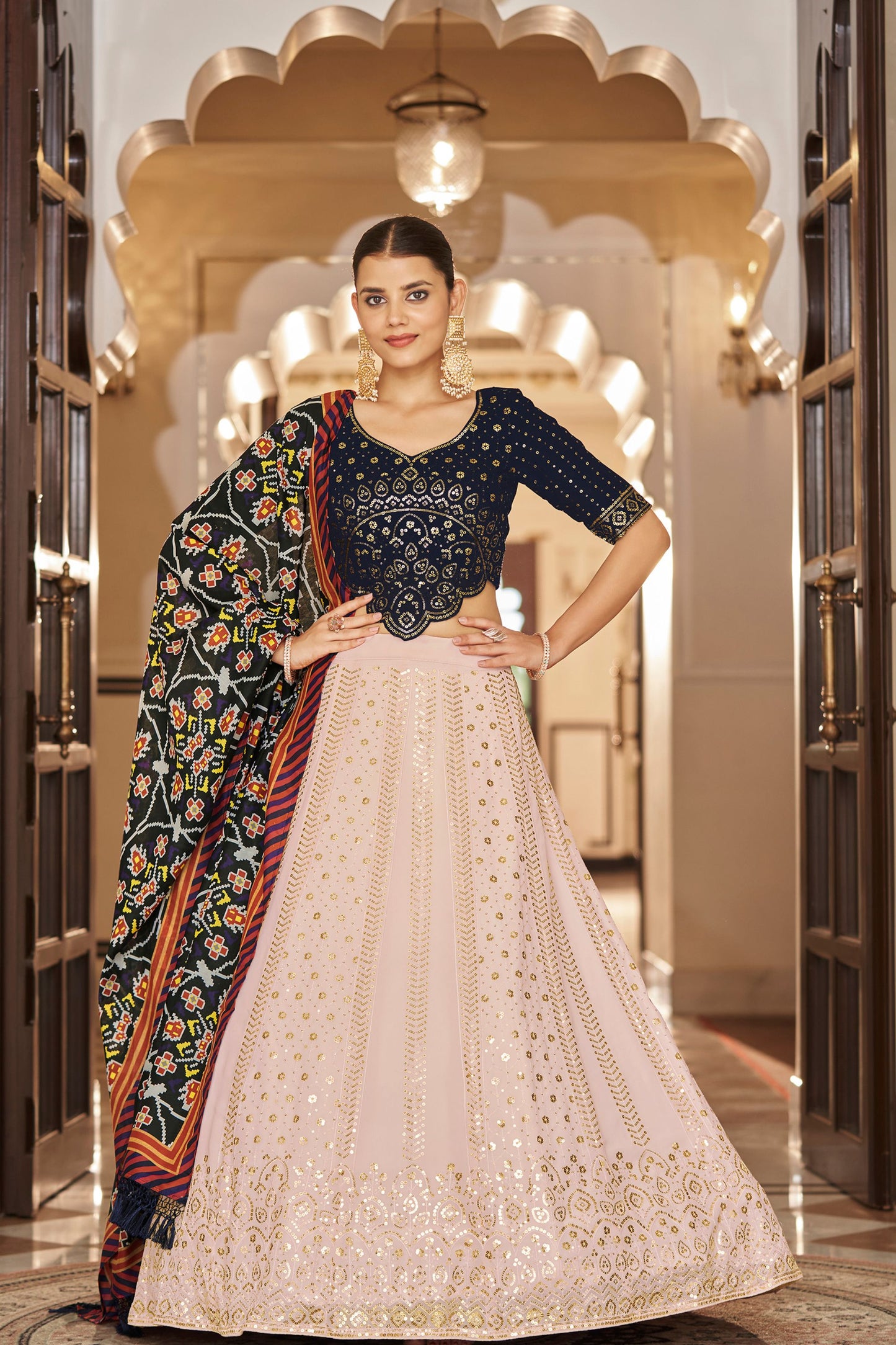 Pink Georgette Lehengas Choli For Indian Festivals & Weddings - Sequence Embroidery Work, Print Work