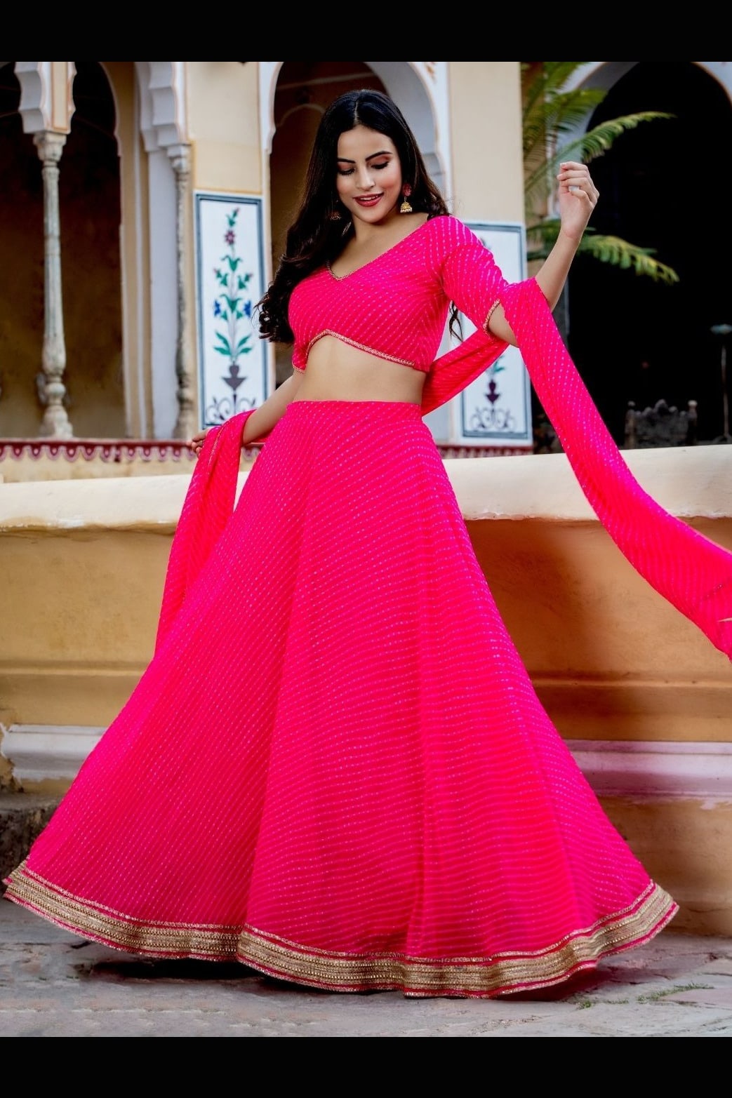 Pink Georgette Leriya Print Lehenga Choli For Indian & Pakistani Wedding Festival - Print Work, Zari Work