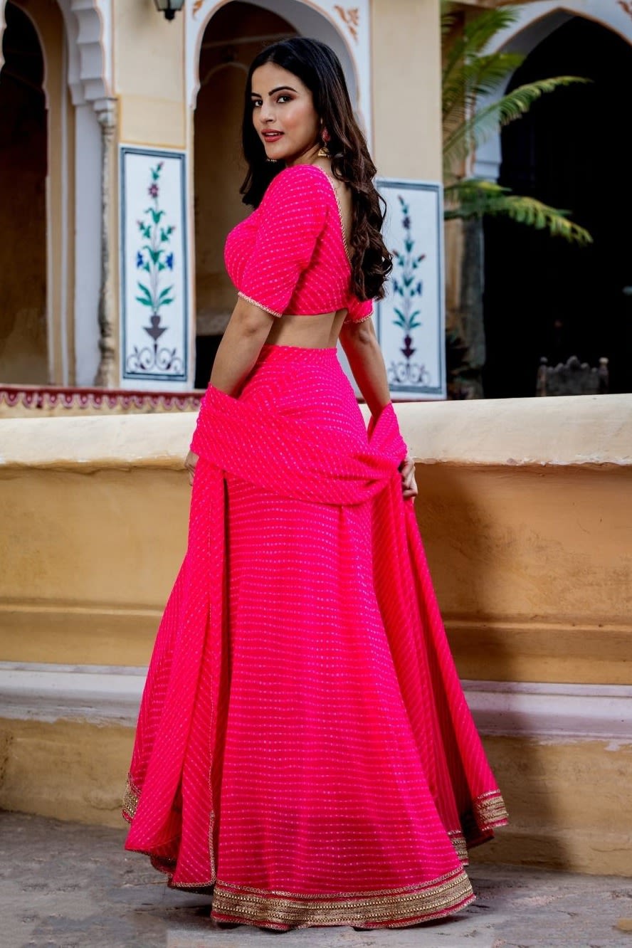 Pink Georgette Leriya Print Lehenga Choli For Indian & Pakistani Wedding Festival - Print Work, Zari Work