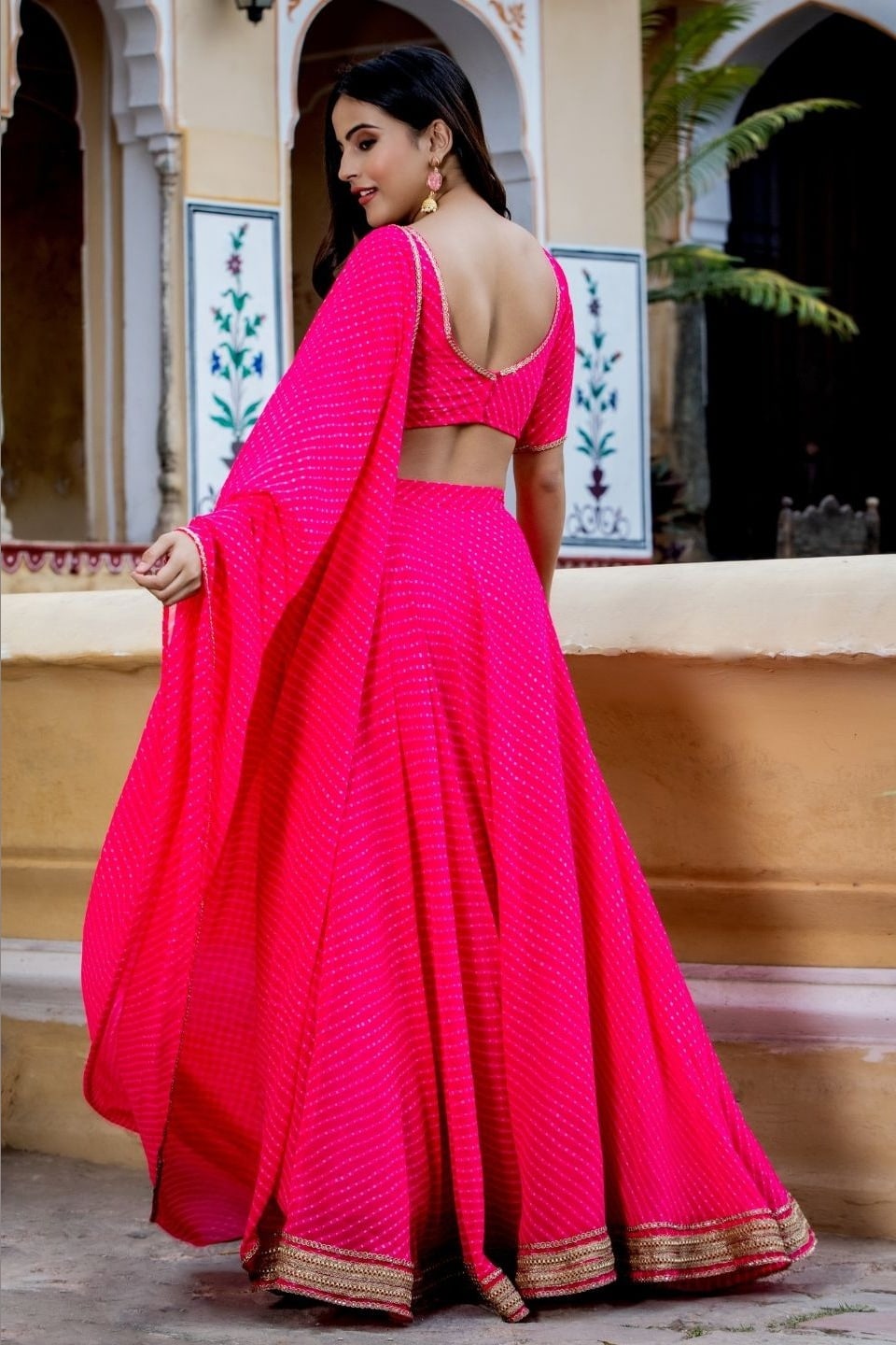 Pink Georgette Leriya Print Lehenga Choli For Indian & Pakistani Wedding Festival - Print Work, Zari Work