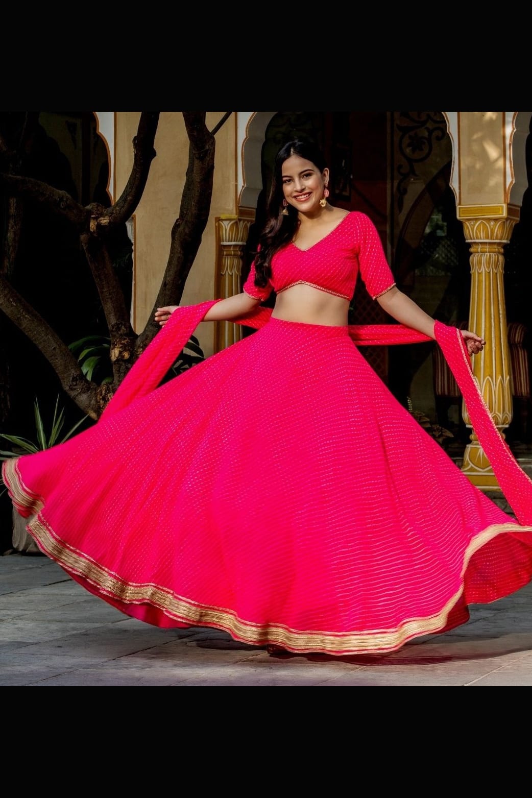 Pink Georgette Leriya Print Lehenga Choli For Indian & Pakistani Wedding Festival - Print Work, Zari Work