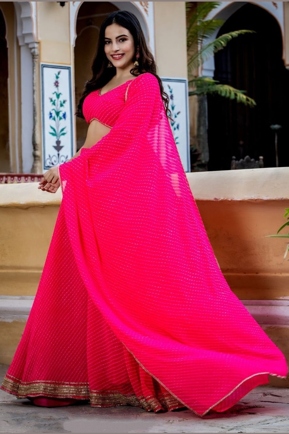 Pink Georgette Leriya Print Lehenga Choli For Indian & Pakistani Wedding Festival - Print Work, Zari Work
