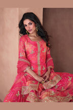 Pink Georgette Chinon Sharara Suit for the Festival - Print Work, Thread Embroidery Work