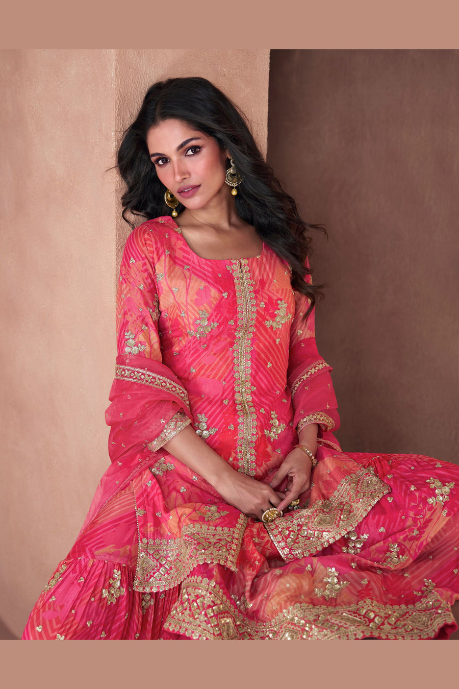 Pink Georgette Chinon Sharara Suit for the Festival - Print Work, Thread Embroidery Work