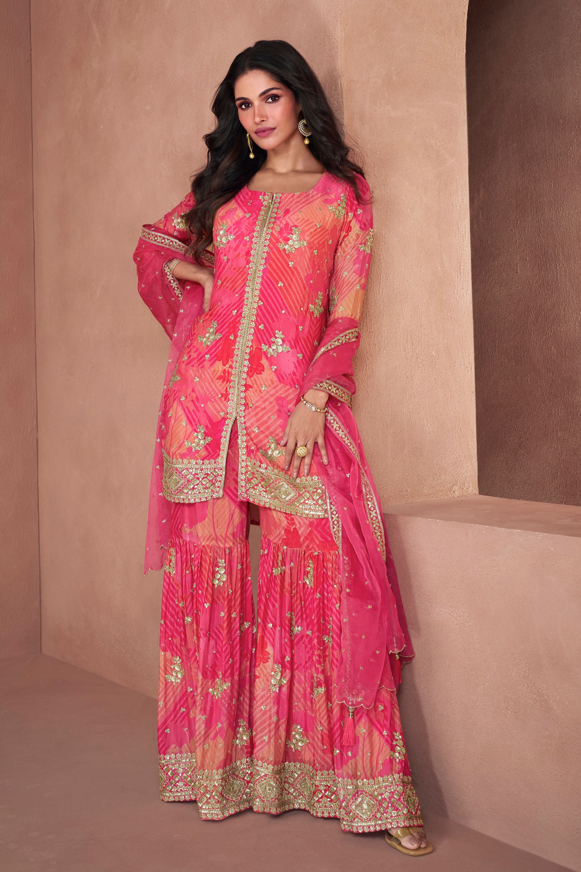 Pink Georgette Chinon Sharara Suit for the Festival - Print Work, Thread Embroidery Work
