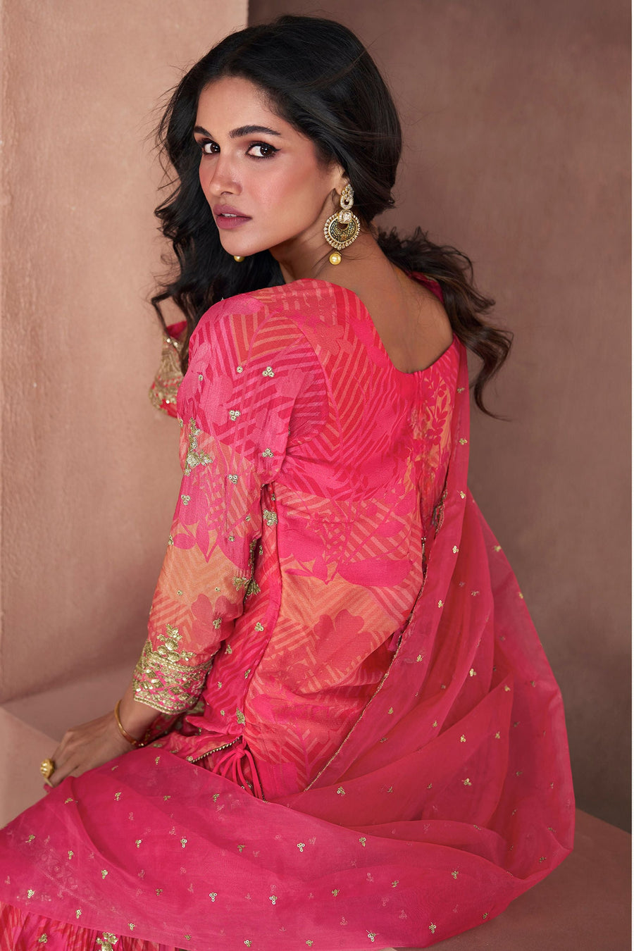 Pink Georgette Organza Sharara Suit for the Festival - Print Work, Thread Embroidery Work