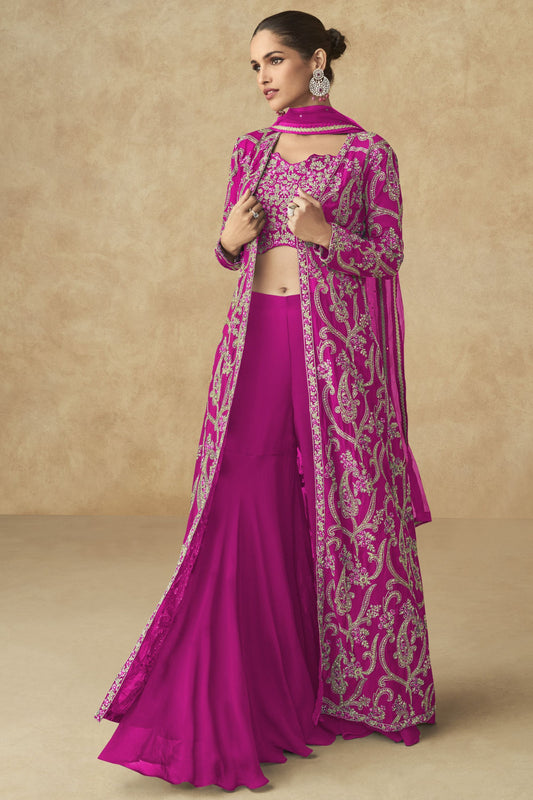 Pink Georgette Palazzo with Choli & Jacket For Wedding & Indian Festival - Embroidery Work