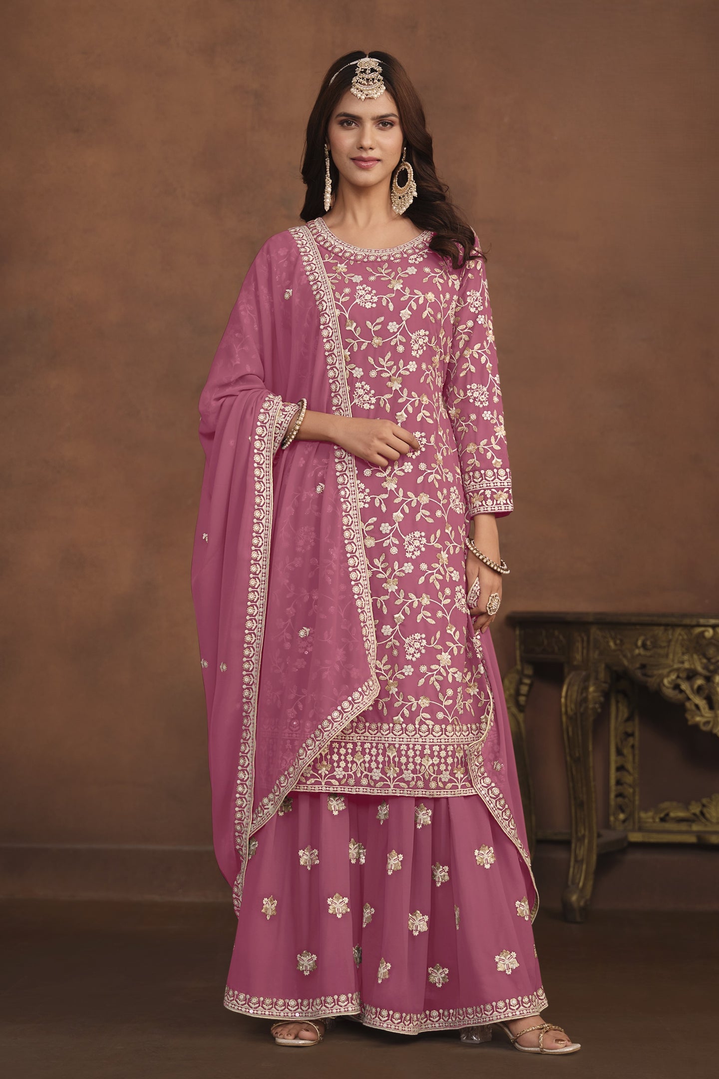 Pink Georgette Sharara Suit for Women with Thread and Sequins Work