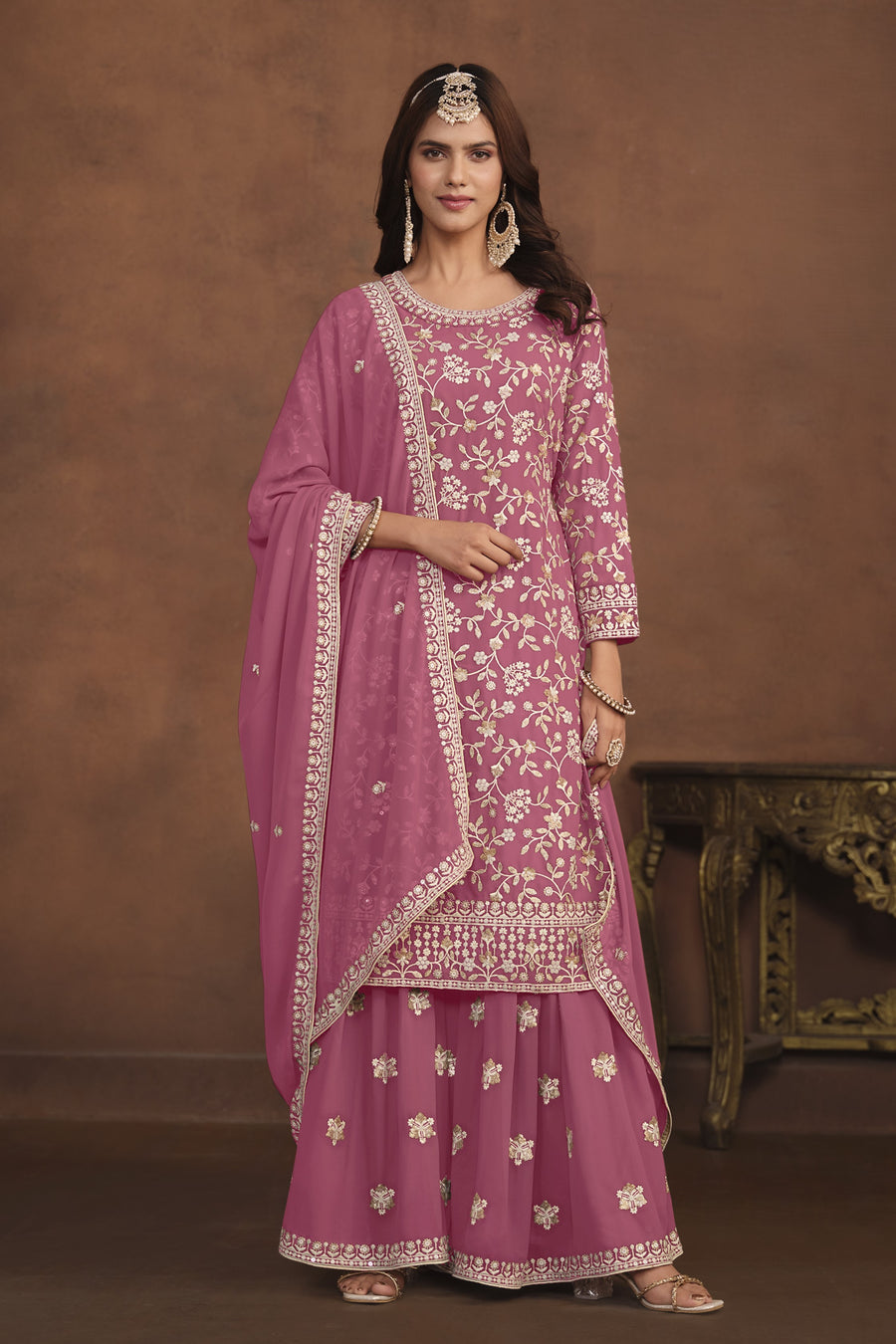 Pink Georgette Sharara Suit for Women with Thread and Sequins Work
