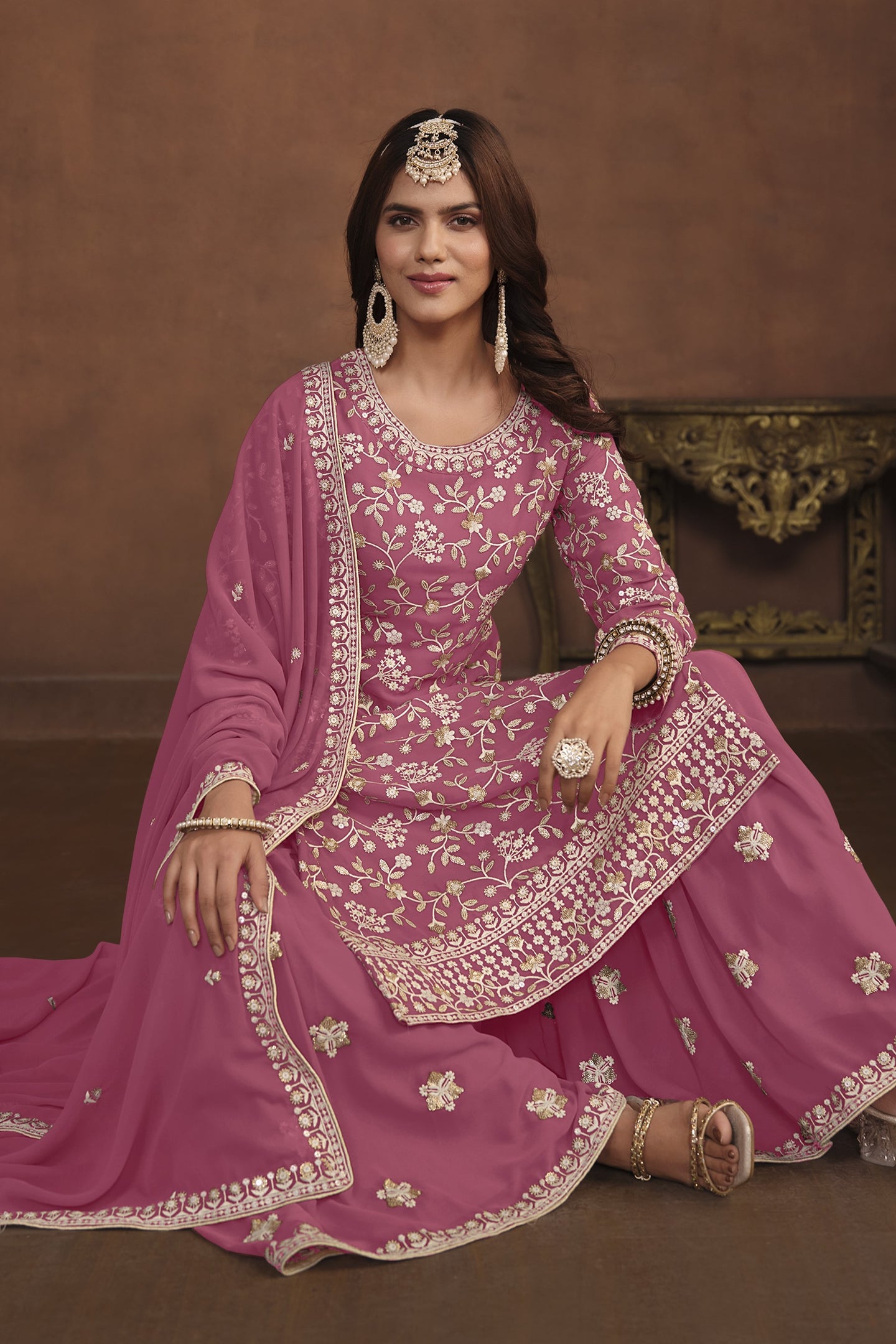 Pink Georgette Sharara Suit for Women with Thread and Sequins Work