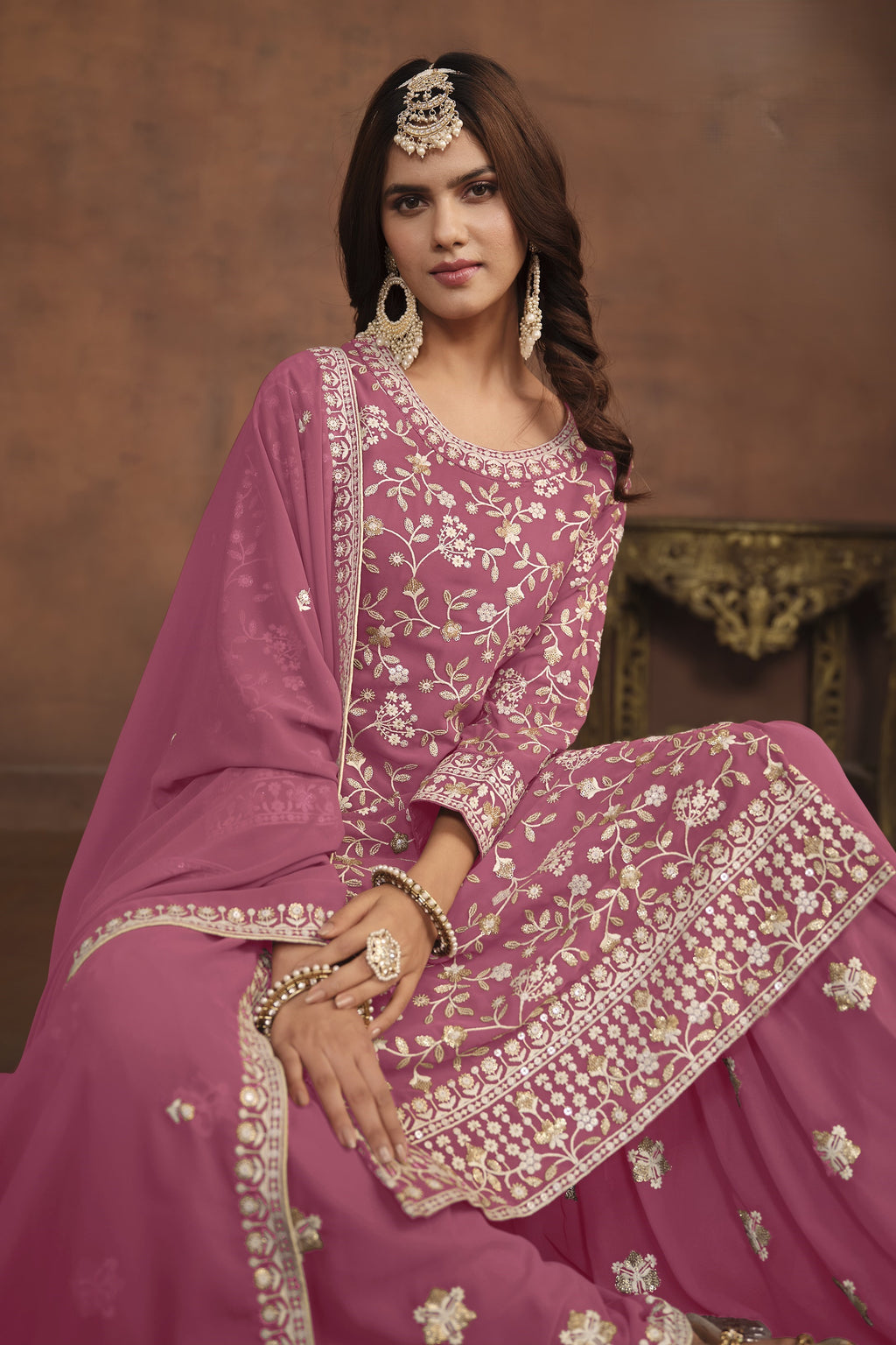 Pink Georgette Sharara Suit for Women with Thread and Sequins Work