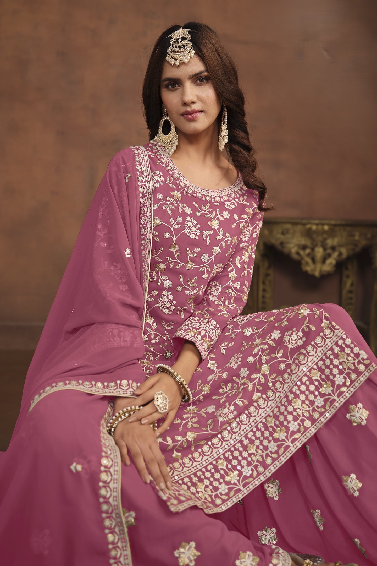 Pink Georgette Sharara Suit for Women with Thread and Sequins Work