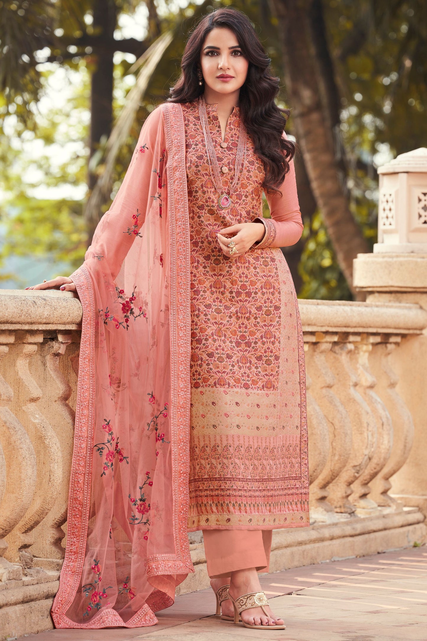 Pink Jacquard Kameez with Pant For Indian Suit Festivals & Pakistani Weddings - Embroidery Work