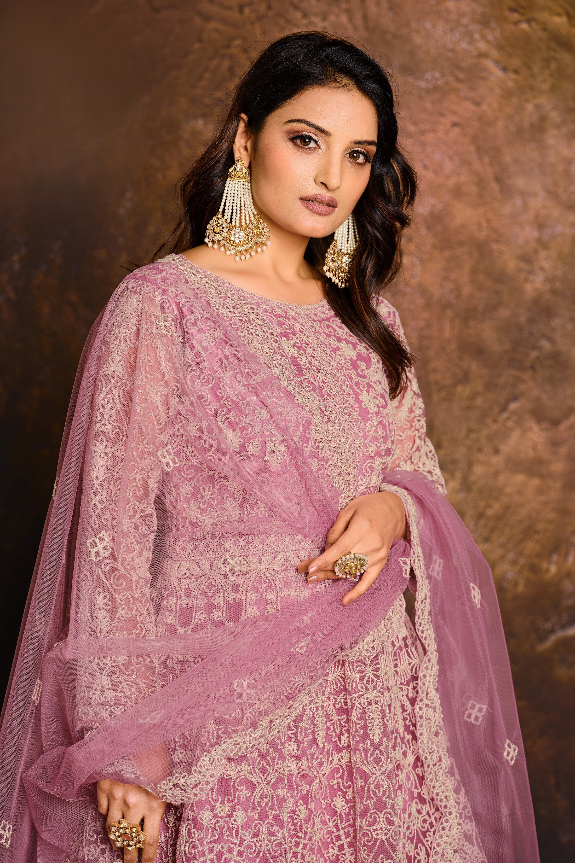 Pink Net Anarkali with Embroidery Work for Sangeet Outfits for Women