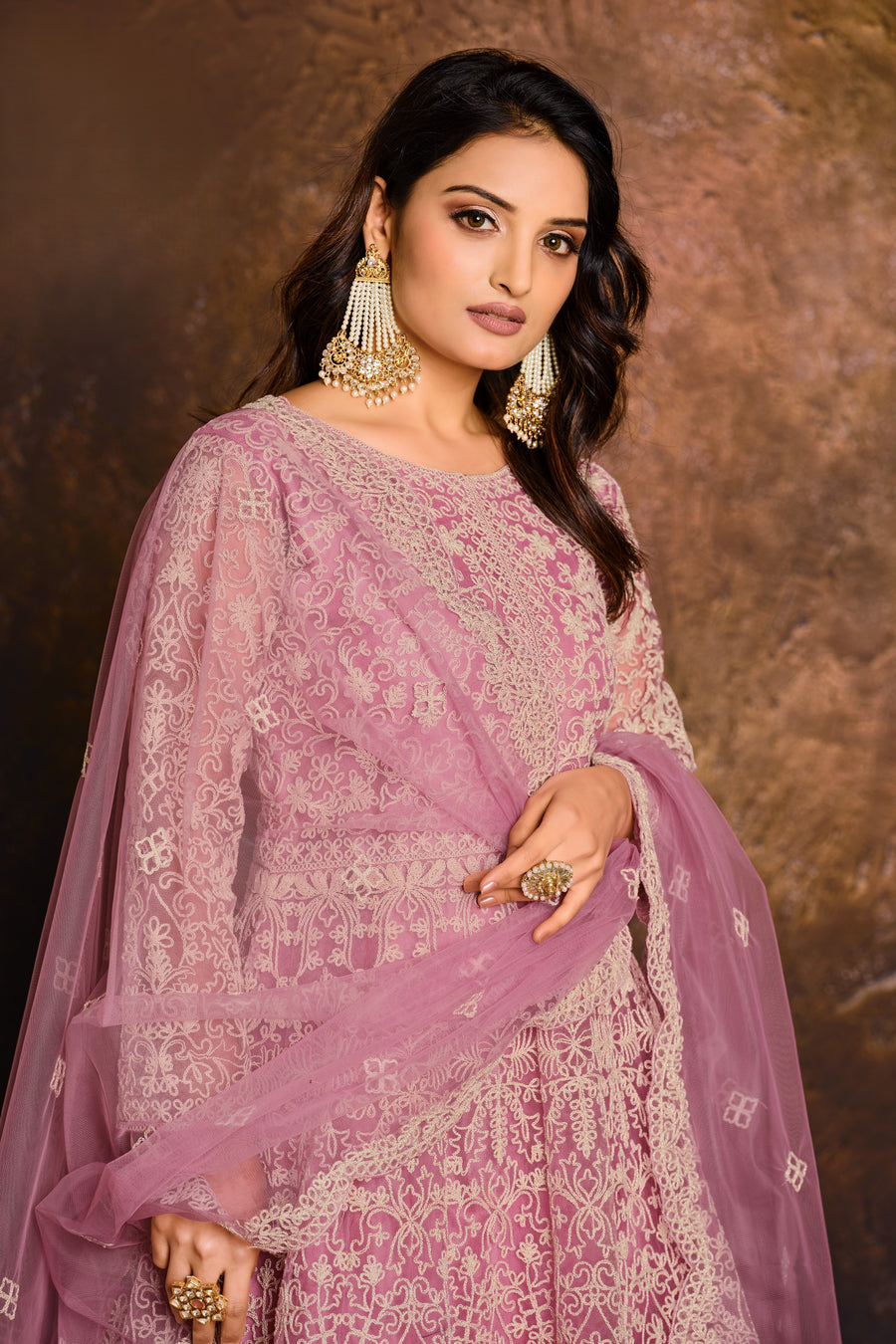Pink Net Anarkali with Embroidery Work for Sangeet Outfits for Women