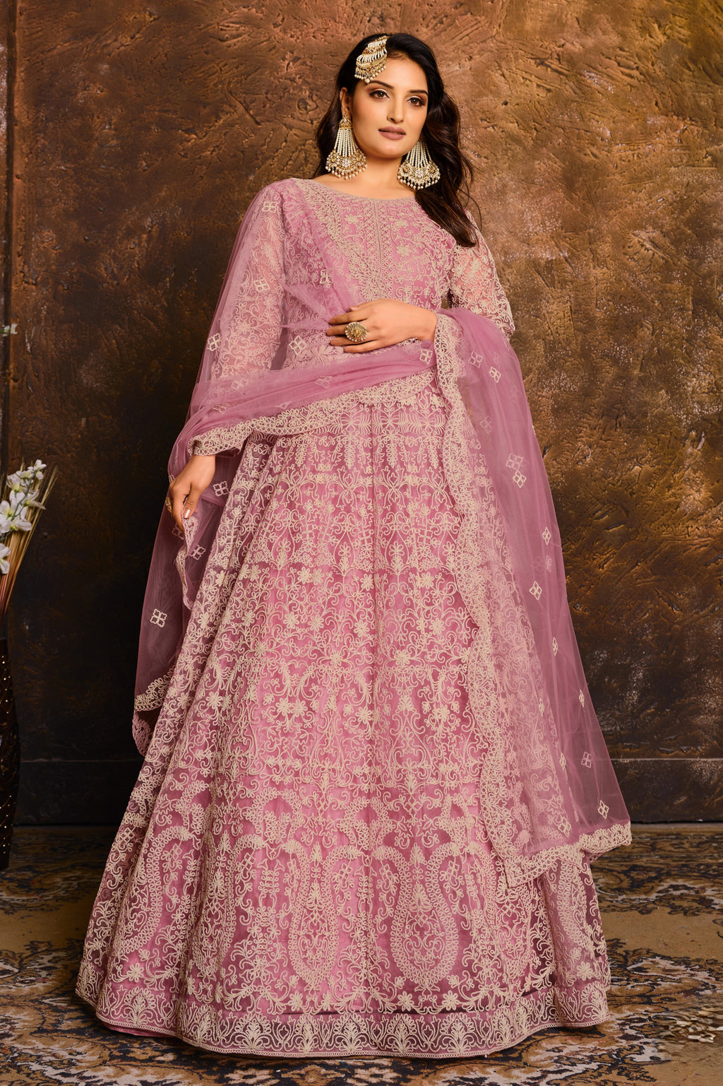 Pink Net Anarkali with Embroidery Work for Sangeet Outfits for Women