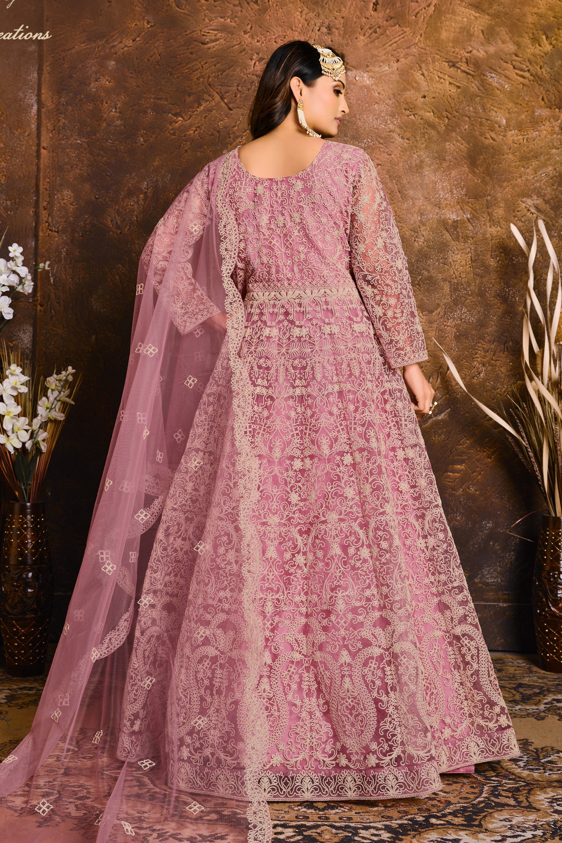 Pink Net Anarkali with Embroidery Work for Sangeet Outfits for Women
