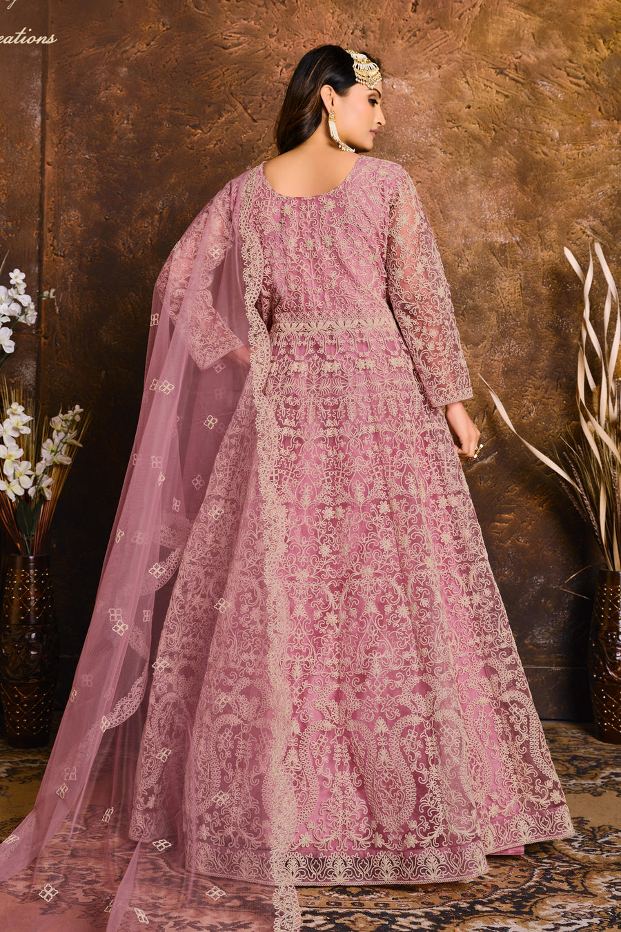 Pink Net Anarkali with Embroidery Work for Sangeet Outfits for Women