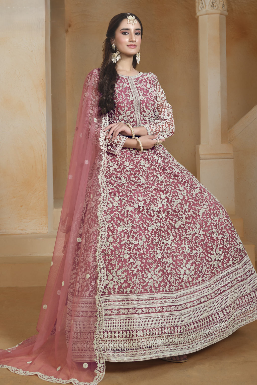 Pink Net Dori Work Anarkali Wedding Guest Suit