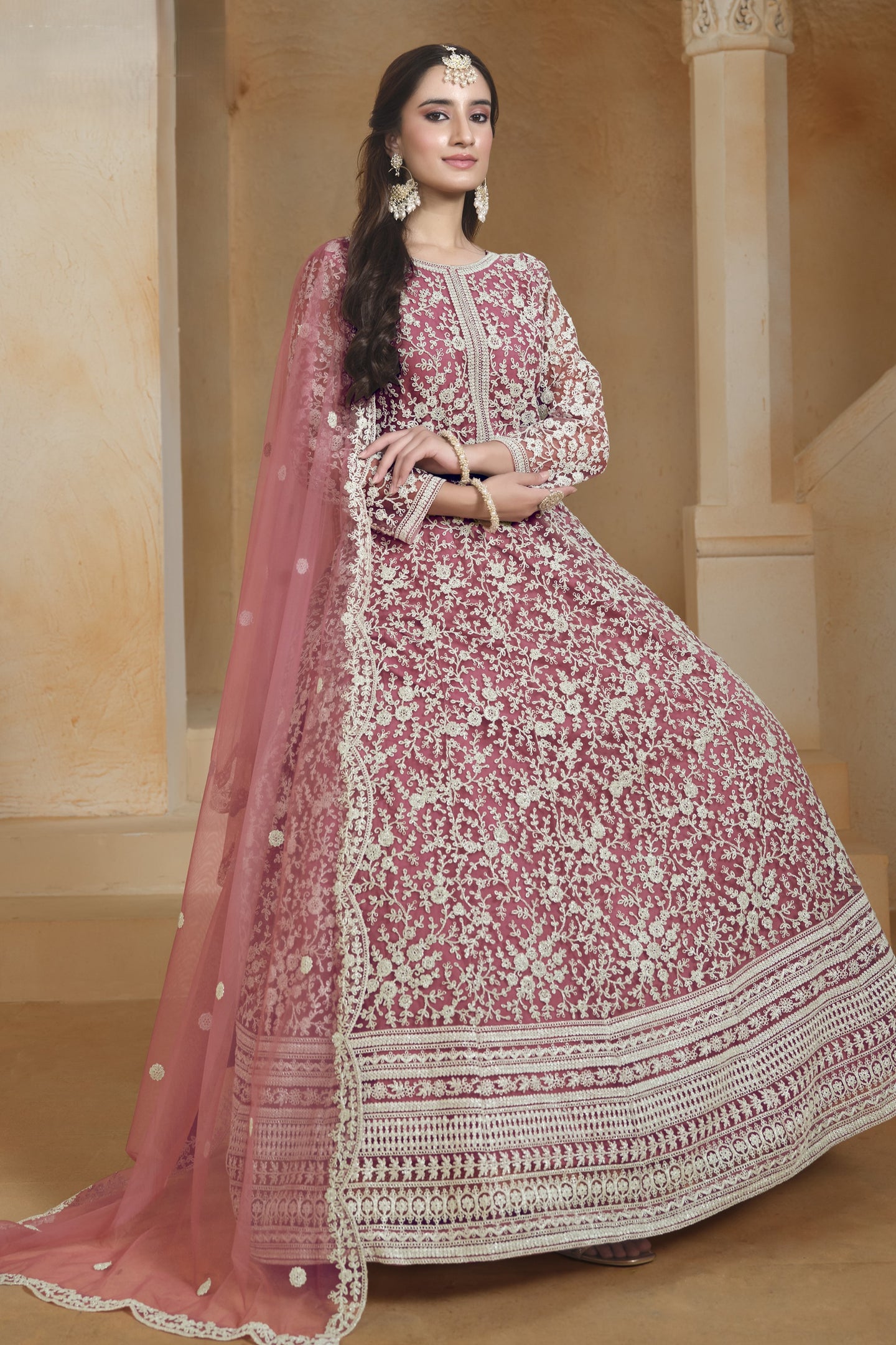 Pink Net Dori Work Anarkali Wedding Guest Suit