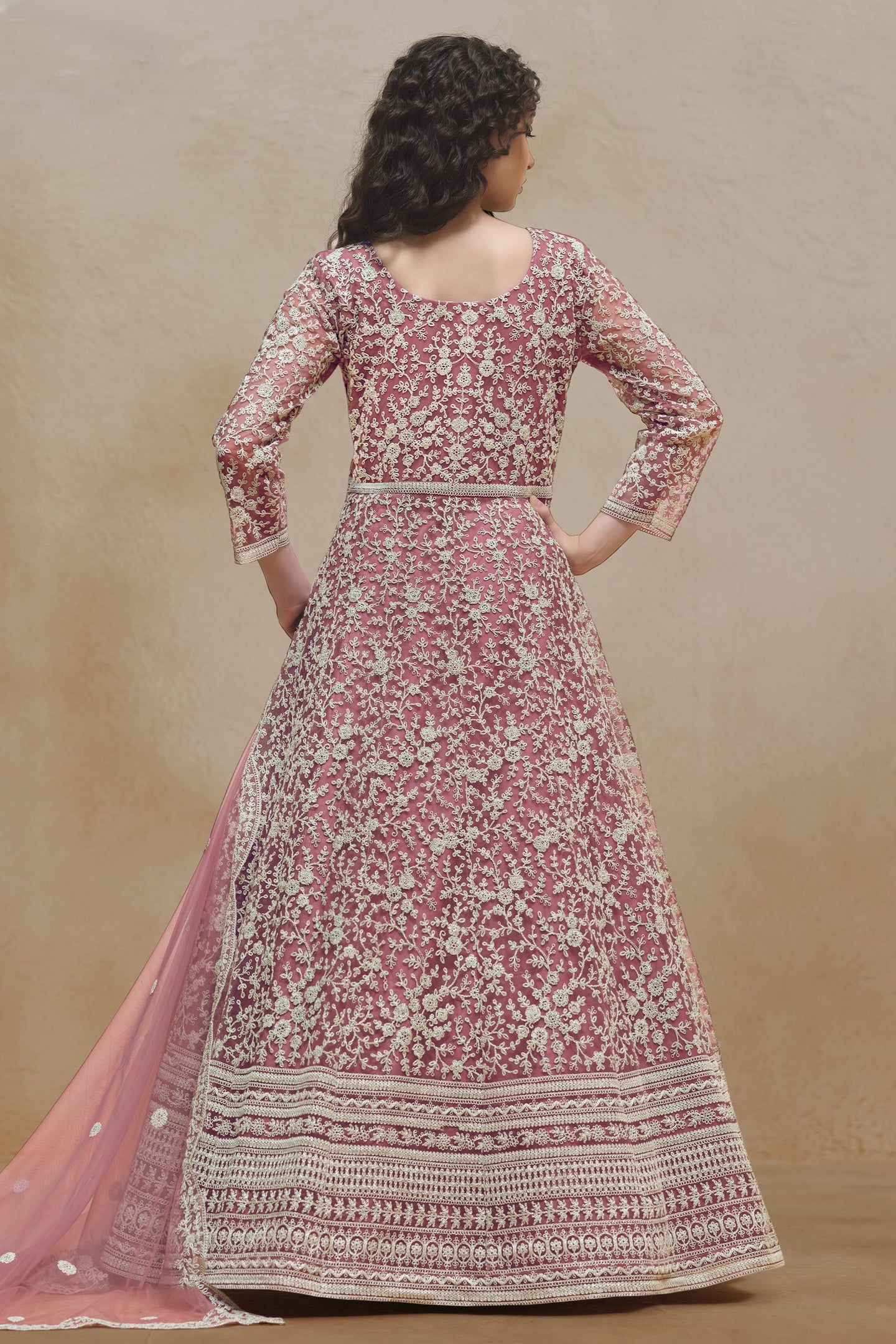 Pink Net Dori Work Anarkali Wedding Guest Suit