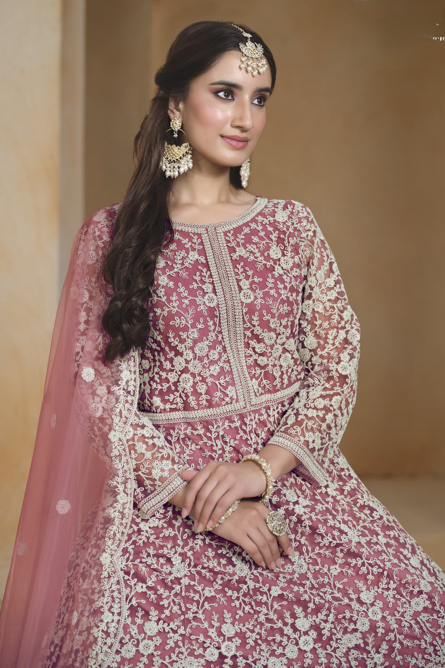 Pink Net Dori Work Anarkali Wedding Guest Suit