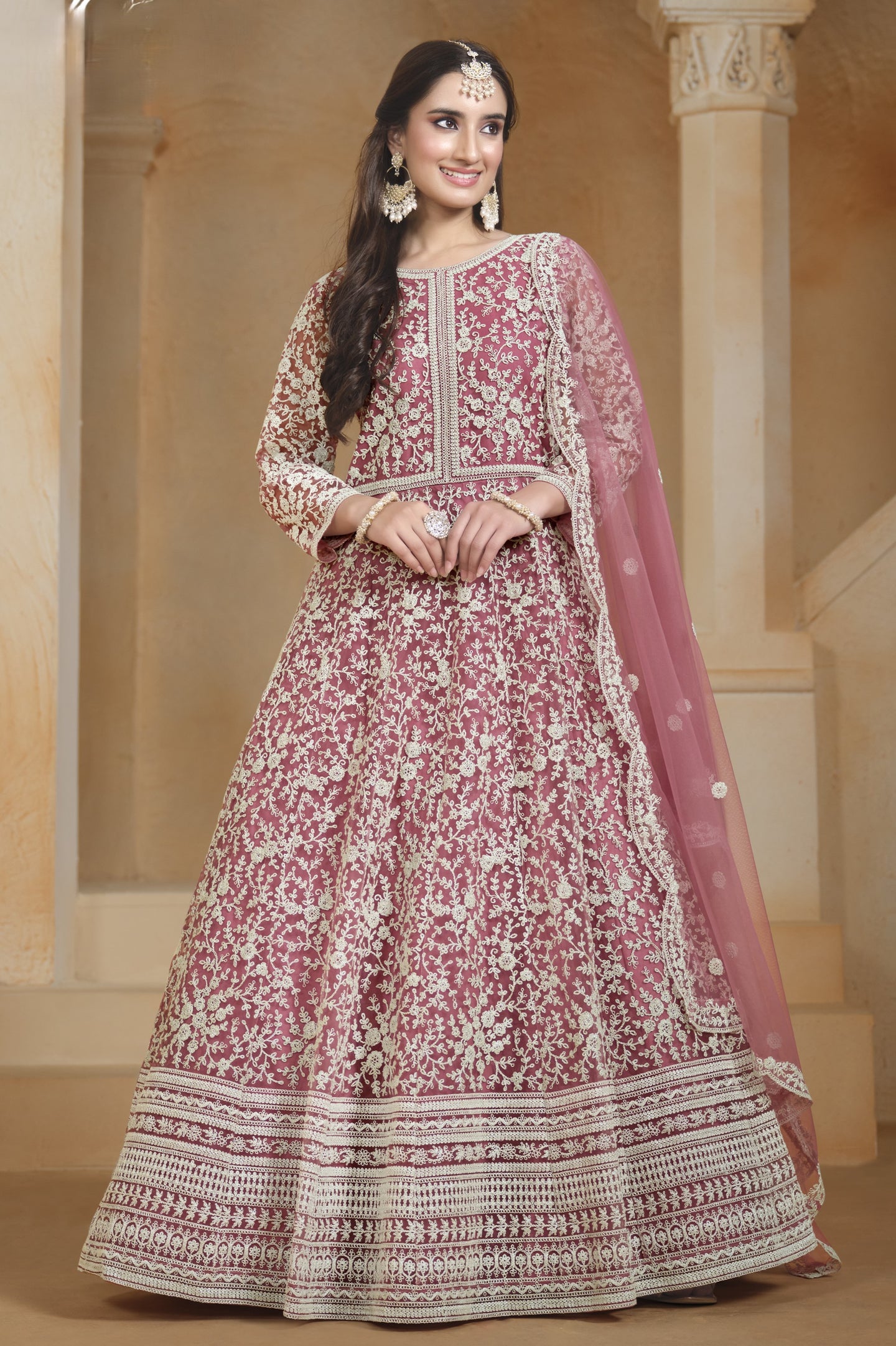 Pink Net Dori Work Anarkali Wedding Guest Suit