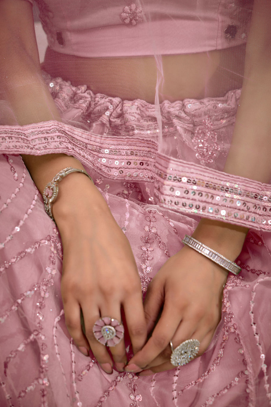 Pink Net Lehenga Choli For Indian Festival & Weddings - Thread Embroidery Work, Sequence Embroidery Work