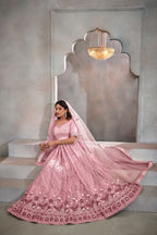 Pink Net Lehenga Choli For Indian Festival & Weddings - Thread Embroidery Work, Sequence Embroidery Work