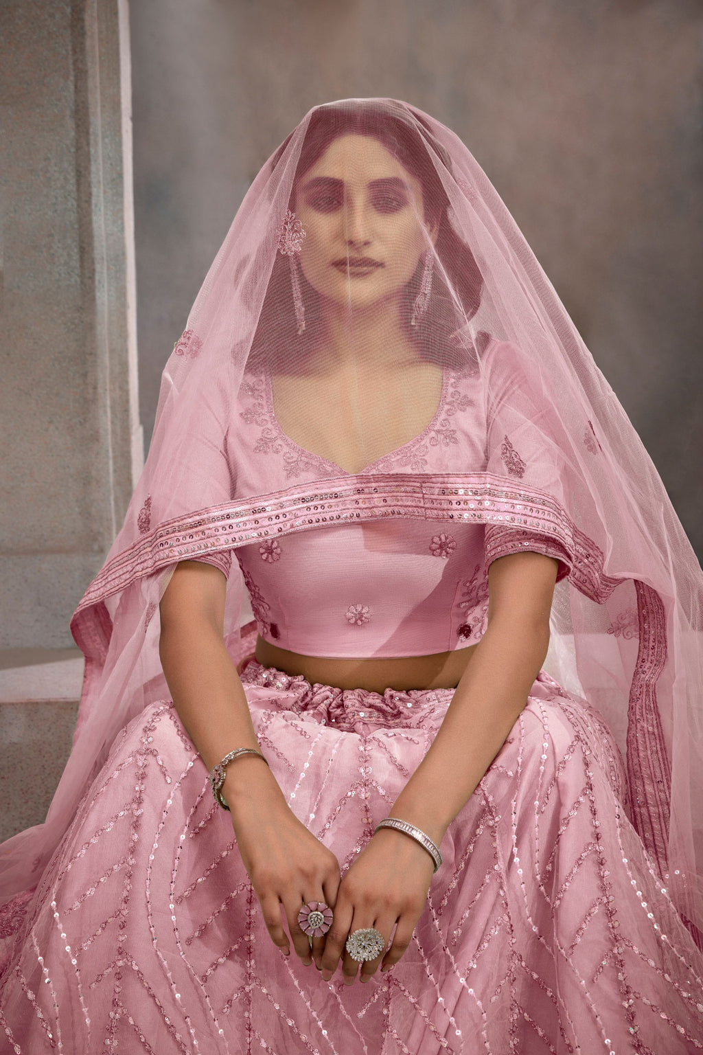 Pink Net Lehenga Choli For Indian Festival & Weddings - Thread Embroidery Work, Sequence Embroidery Work