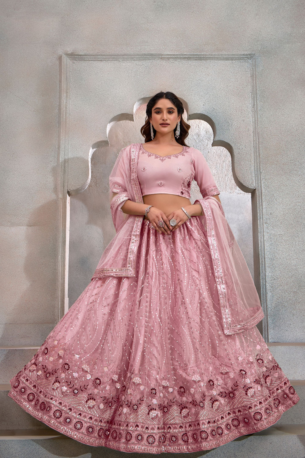 Pink Net Lehenga Choli For Indian Festival & Weddings - Thread Embroidery Work, Sequence Embroidery Work