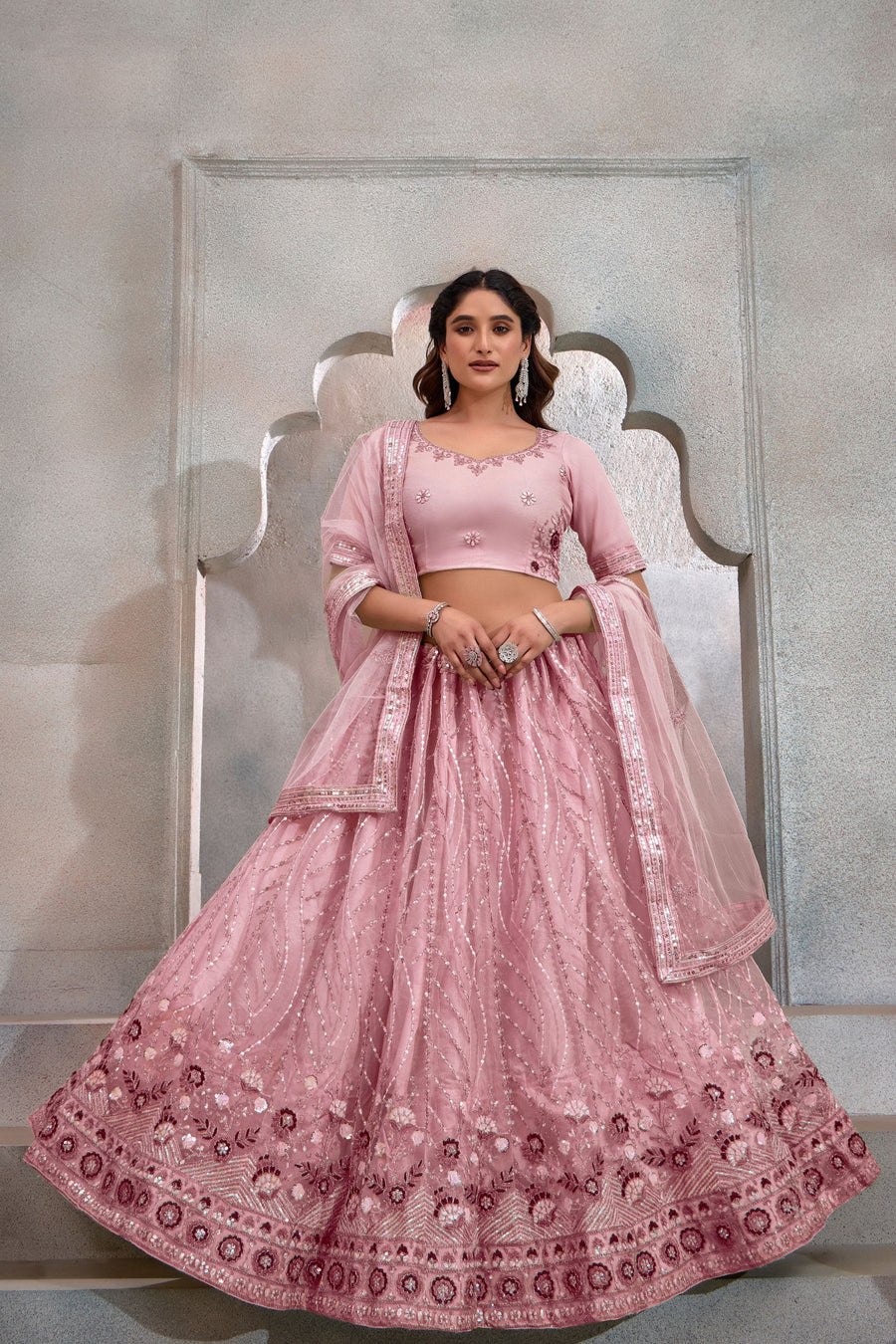 Pink Net Lehenga Choli For Indian Festival & Weddings - Thread Embroidery Work, Sequence Embroidery Work