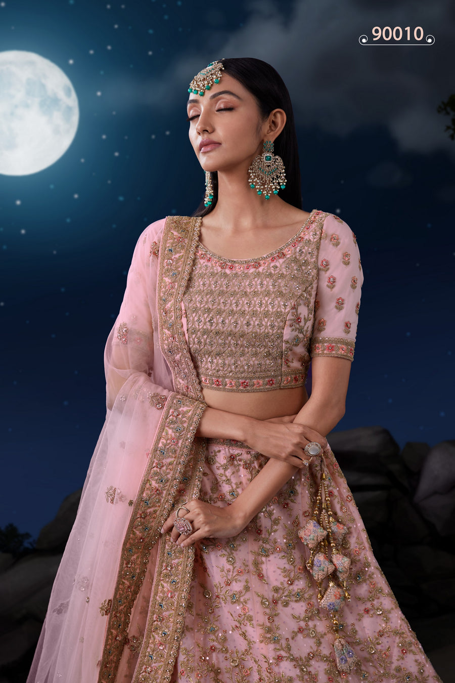 Pink Net Lehenga Choli For Indian Festivals & Weddings - Sequence Embroidery Work, Dori Work, Zarkan Work, Thread Embroidery Work