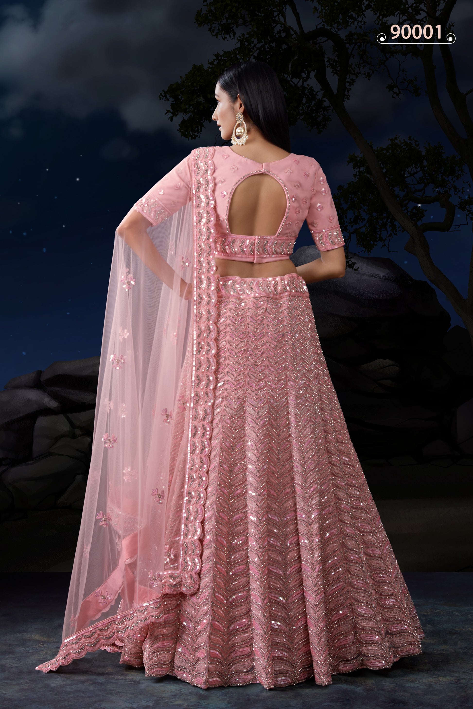 Pink Net Lehenga Choli For Indian Festivals & Weddings - Sequence Embroidery Work, Zarkan Work, Dori Work