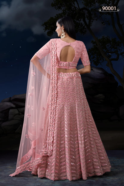 Pink Net Lehenga Choli For Indian Festivals & Weddings - Sequence Embroidery Work, Zarkan Work, Dori Work