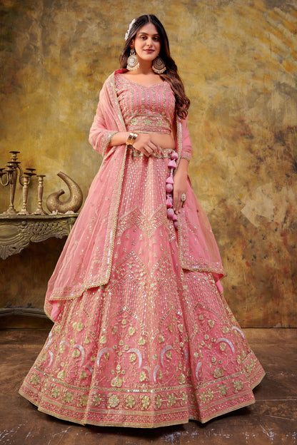 Pink Net Lehenga Choli For Indian Festivals & Weddings - Thread Embroidery Work, Sequence Embroidery Work