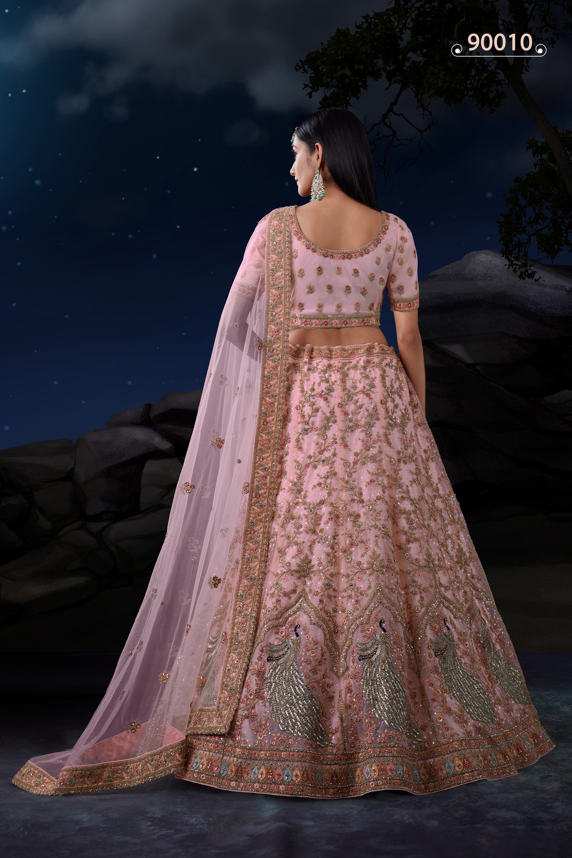 Pink Net Lehenga Choli For Indian Festivals & Weddings - Sequence Embroidery Work, Dori Work, Zarkan Work, Thread Embroidery Work