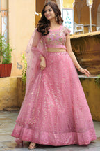 Pink Net Lehenga Choli For Indian & Pakistani Wedding Festival - Resham Embroidery Work, Dori Work, Zari Work, Badla Work
